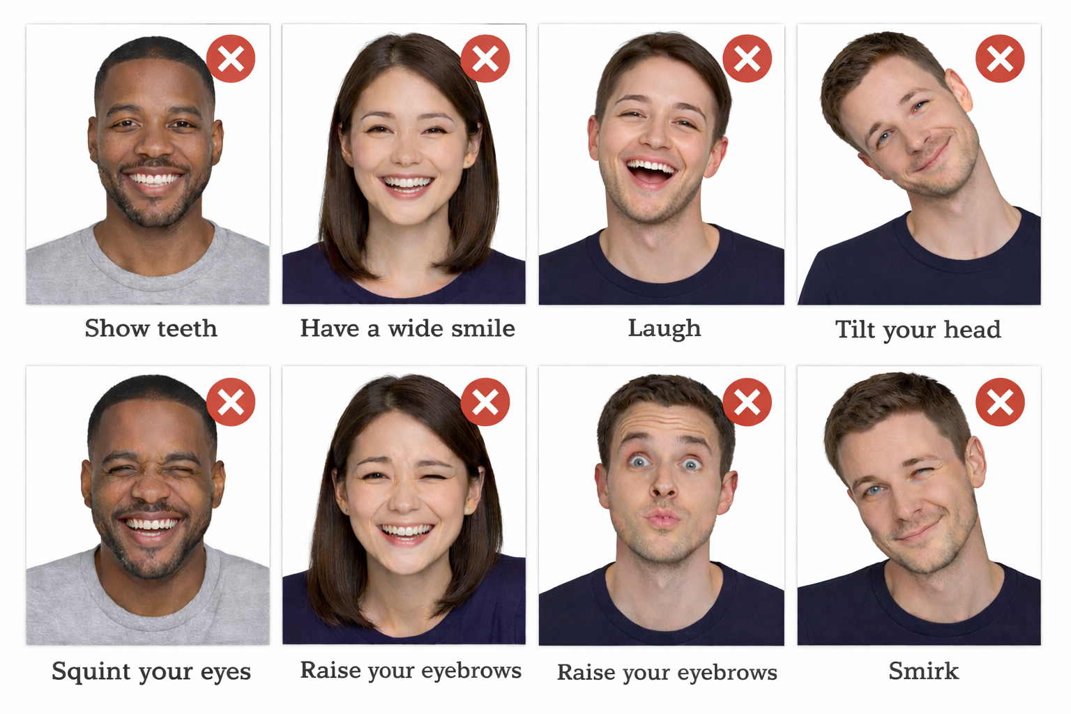 smiles showing teeth, raising eyebrows are not accepted